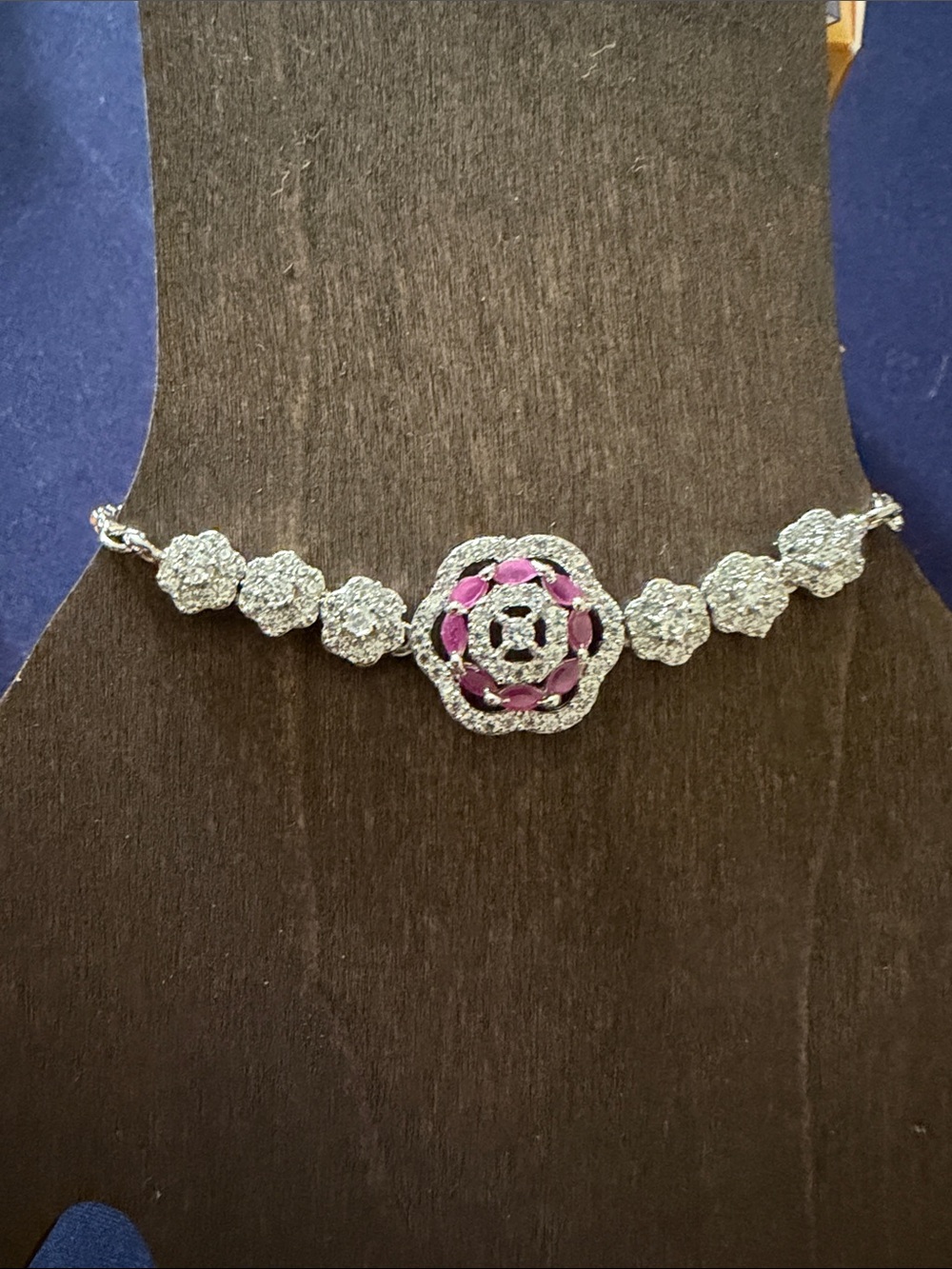 Silver Tone rhodium coated CZ Floral Bracelet with Pink Accent Stones